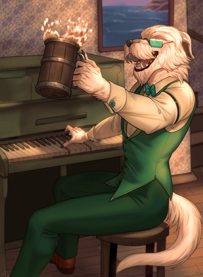 5_fingers alcohol anthro beer beverage black_lips black_nose clothed clothing drunk eyewear fingers fur glasses green_clothing holidays keyboard_instrument lips male musical_instrument open_mouth piano pint smile substance_intoxication sunglasses tankard teeth tongue white_body white_fur necroizu st._patrick's_day laskey canid canine canis domestic_dog hunting_dog irish_wolfhound mammal sighthound 2023 digital_media_(artwork) hi_res