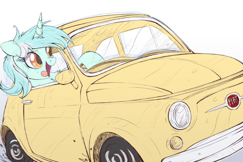 car female feral green_hair hair hooves horn inside_car inside_vehicle open_mouth orange_eyes smile solo tongue tongue_out vehicle ncmares fiat fiat_500 friendship_is_magic hasbro my_little_pony mythology lyra_heartstrings_(mlp) equid equine mammal mythological_creature mythological_equine unicorn 2018 digital_media_(artwork)