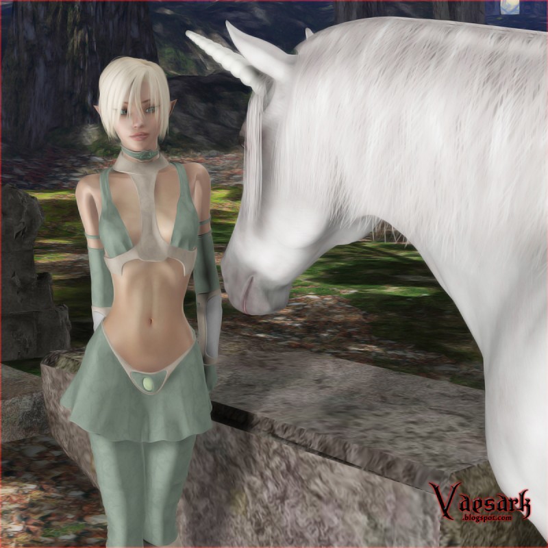 blonde_hair duo female hair horn male navel vaesark mythology elf equid equine humanoid mammal mythological_creature mythological_equine unicorn 1:1 3d_(artwork) digital_media_(artwork) hi_res