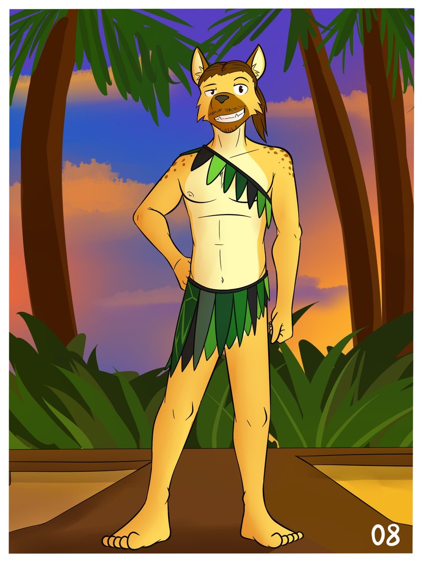 anthro clothed clothing facial_hair grass_skirt grin male mustache navel nipples outside palm_tree plant pose skirt_only smile solo sunset topless tree fuze fuzeyeen hyena mammal spotted_hyena 3:4 hi_res