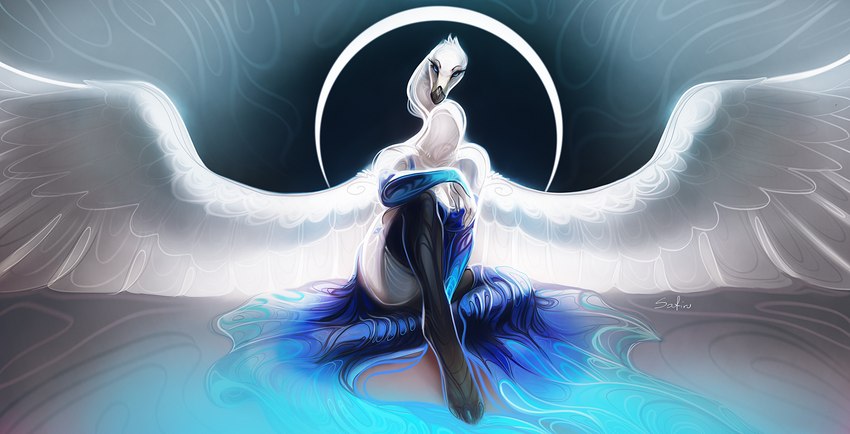 anthro blue_eyes breasts clothed clothing eyebrows eyelashes feathered_wings feathers feet female solo toes white_body white_feathers wings safiru avian bird 2022 digital_media_(artwork) hi_res