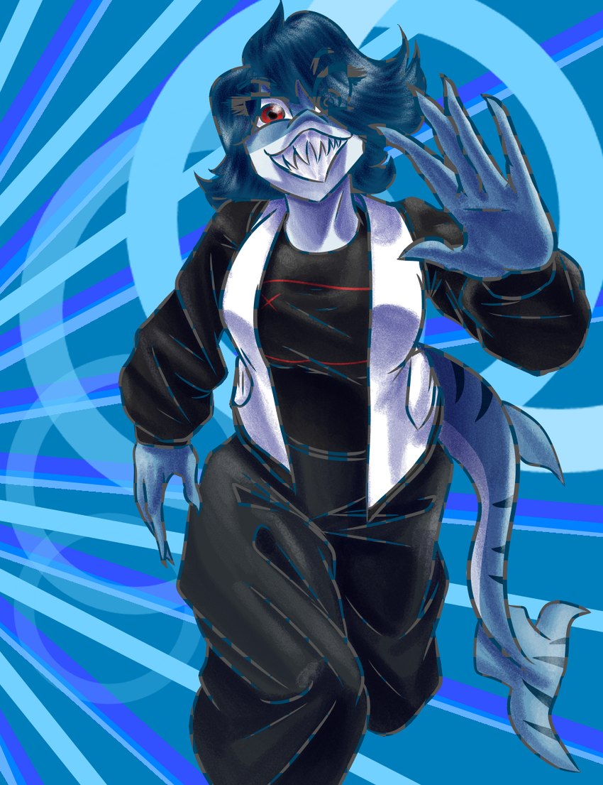 5_fingers abstract_background anthro blue_body blue_hair blue_scales claws clothing eyelashes female fin finger_claws fingers front_view gesture hair long_tail looking_at_viewer red_eyes scales sharp_teeth short_hair smile solo tail tail_fin teeth topwear vest waving waving_at_viewer white_clothing white_topwear white_vest banco valerie_(capsaicinmellow) fish marine shark 2024 digital_drawing_(artwork) digital_media_(artwork) hi_res