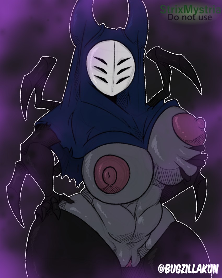 2_horns anthro areola black_body black_text blue_hood breasts female fingers genitals green_text grey_body holding_breast hood horn looking_at_viewer mature_female multi_eye multi_limb nipples nude presenting pussy solo standing text thick_thighs white_text wide_hips bugzilla strixmystria hollow_knight team_cherry herrah_(hollow_knight) arachnid arthropod spider 2023 4:5 hi_res