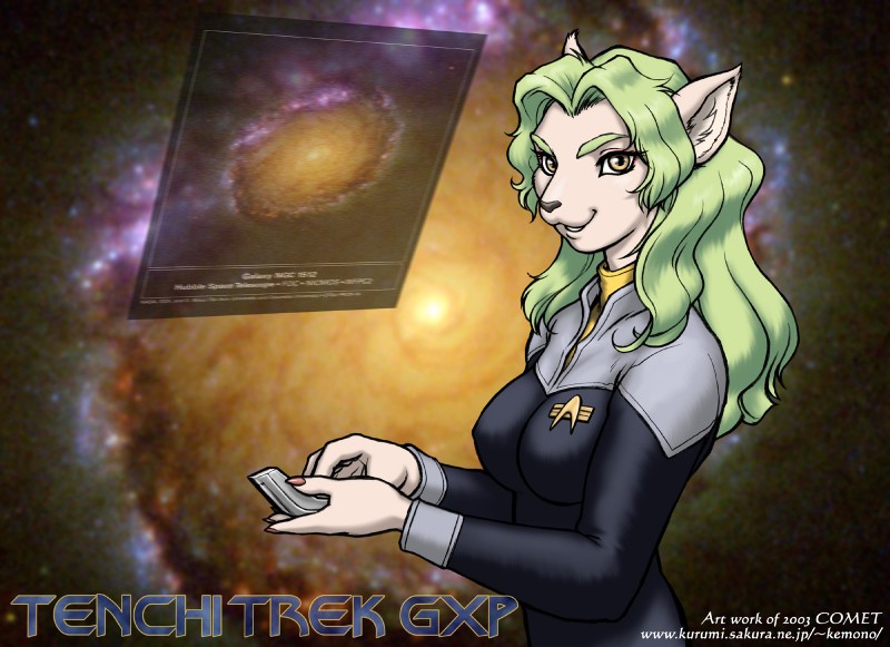 anthro breasts clothing communicator female green_hair hair solo space tricorder uniform yellow_eyes dr_comet star_trek star_trek_the_next_generation tenchi_muyo elma_(tenchi_muyo) domestic_cat felid feline felis mammal 2003 crossover hi_res