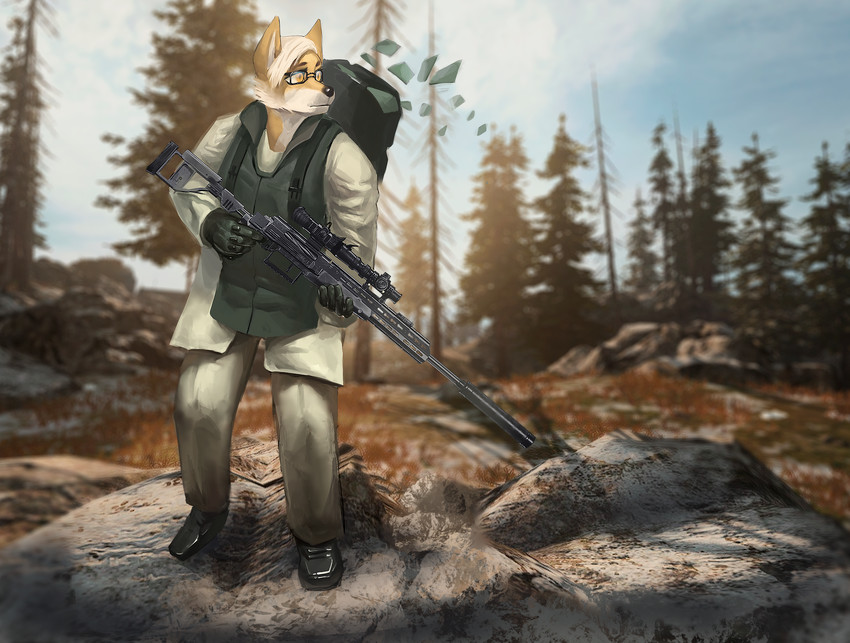 clothing costume eyewear forest glasses gun jacket male money money_bag plant ranged_weapon rifle sniper_rifle solo topwear tree warzone weapon spooniel activision call_of_duty ivka canid canine fox mammal hi_res