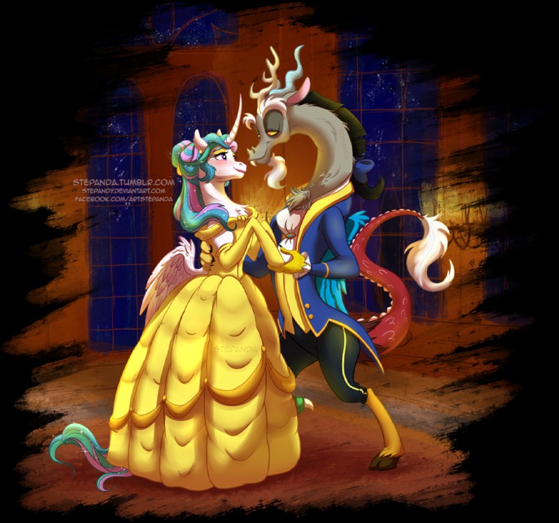 anthro anthrofied ball_gown duo feathered_wings feathers female feral horn male male/female parody semi-anthro smile wings stepanda beauty_and_the_beast disney friendship_is_magic hasbro my_little_pony mythology discord_(mlp) princess_celestia_(mlp) chimera draconequus equid equine mammal mythological_creature mythological_equine winged_unicorn 2015 alpha_channel crossover