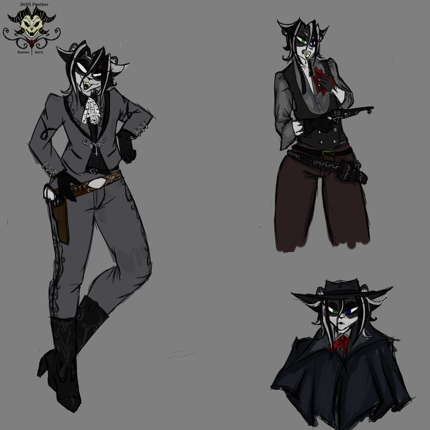 alternative_fashion angry anthro black_clothing black_topwear black_vest blood bodily_fluids boots bullet_wound cartridge_belt charro_suit classy clothed clothing coat_cape footwear fur gloves goth grey_clothing grey_suit gun hair handgun handwear heterochromia high_heeled_boots high_heels holding_object holding_weapon holster holstered_revolver male multicolored_body multicolored_fur multicolored_hair nails overcoat ranged_weapon remington_1858 revolver serious_face sharp_nails shoes simple_background small_ears solo suit thick_thighs topwear vest victorian_clothing weapon wide_brim_hat devilpanther remarms_llc ramses_devil_(devilpanther) felid feline mammal pantherine 1:1 hi_res