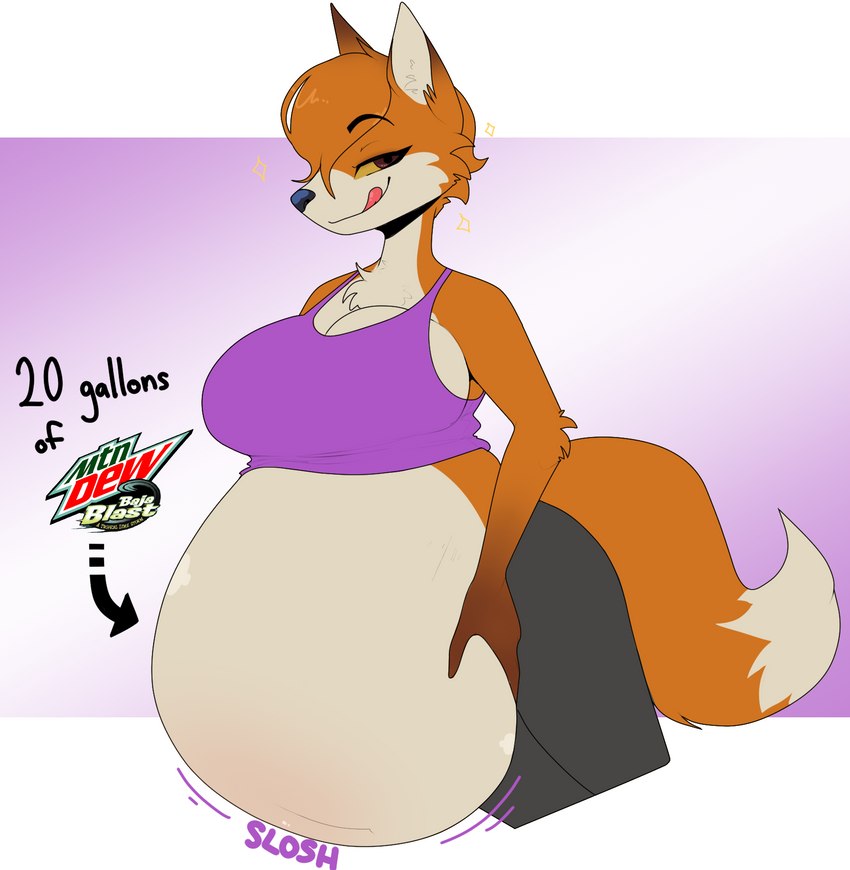 anthro belly beverage big_belly bottomwear breasts clothing female fur inflation licking licking_lips liquid_inflation orange_body orange_fur pants shirt simple_background slosh sloshing_belly smug solo tail tan_body tan_fur tank_top text tongue tongue_out topwear nyanilla baja_blast mountain_dew scarlett_fox_(daedric36) canid canine fox mammal english_text hi_res intersex_(lore)