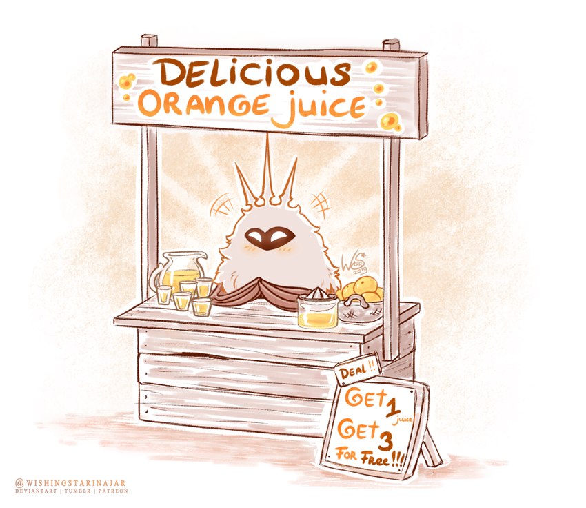 ambiguous_gender container cup food fruit fur glass glass_container glass_cup juice_(beverage) lemonade_stand orange_(fruit) orange_text plant sign solo text wings wishingstarinajar hollow_knight team_cherry radiance_(hollow_knight) arthropod insect lepidopteran moth 2019 artist_name digital_media_(artwork) english_text female_(lore)