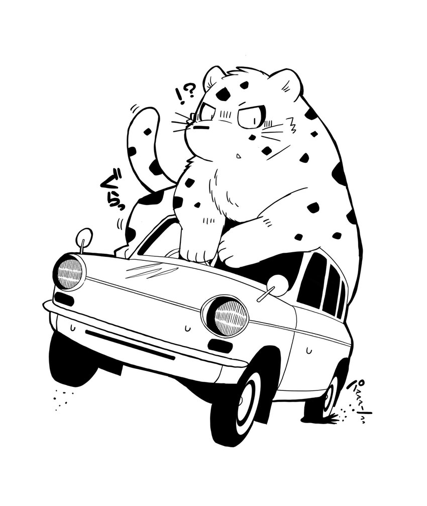 4_fingers anthro biped car exclamation_point fingers kemono question_mark retro_car simple_background slightly_chubby solo surprise vehicle white_background gayousi7 felid mammal 2021 hi_res monochrome