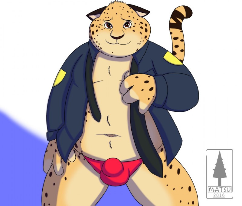 anthro bulge clothing countershading male navel overweight overweight_anthro overweight_male police solo speedo swimwear underwear uniform matsunari disney zootopia benjamin_clawhauser cheetah felid feline mammal digital_media_(artwork)