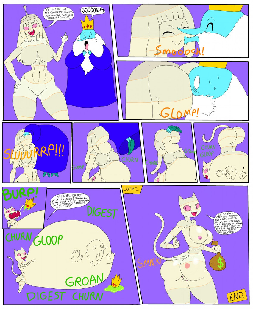 anal anal_vore anthro base_three_layout belly big_belly big_breasts big_butt blockage_(layout) bodily_noises breasts burping burping_up_crown burping_up_object butt butt_slap butt_transformation caption_box churn clothing contact_onomatopoeia crown death dialogue different_sound_effects digestion digestion_noises duo extended_sound_effect fatal_vore female female_pred genitals glomp_(sound_effect) gloop headgear horizontal_staggering impact_onomatopoeia kissing_butt kissing_sound_effect male money_bag nipples nude number_word onomatopoeia panel_overlap panel_skew presenting presenting_hindquarters presenting_pussy pussy rumbling_stomach slap slurping smack_(sound_effect) sound_effect_variant sound_effects species_in_dialogue speech_bubble staggering_(layout) swallowing ten_frame_image text text_box udtf vertical_blockage vore anonymous_artist unknown_artist adventure_time cartoon_network ice_king me-mow princess_bubblegum domestic_cat felid feline felis human humanoid mammal shape_shifter comic english_text hi_res