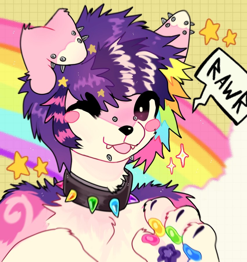 ambiguous_gender anthro collar ear_piercing fur hair multicolored_hair multicolored_pawpads one_eye_closed pawpads piercing pink_body pink_fur rainbow_background rainbow_hair rainbow_pawpads simple_background solo sparklefur speech_bubble spiked_collar spikes text t4tcritters canid canine mammal english_text hi_res