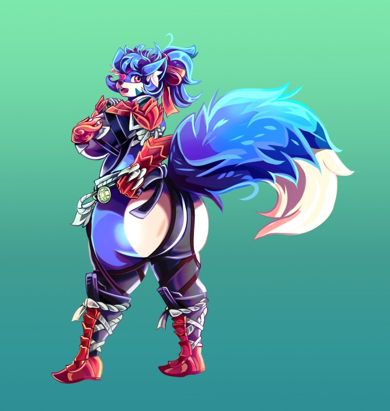 5_fingers anthro armor belly belt big_breasts big_butt biped black_sclera blue_body blue_fur blue_hair blush breasts butt curvy_figure eye_patch eyelashes eyewear female fingers fur hair heart_eye_patch heart_symbol huge_breasts knee_pads looking_at_viewer multicolored_body multicolored_fur navel nipples pink_eyes rear_view red_eyes simple_background slightly_chubby solo standing teeth thick_thighs tusks voluptuous white_body white_fur wide_hips artsyrobo capcom monster_hunter lazuli_(doggod.va) canid canine fanged_wyvern fox mammal odogaron scalie 2018 absurd_res digital_media_(artwork) hi_res