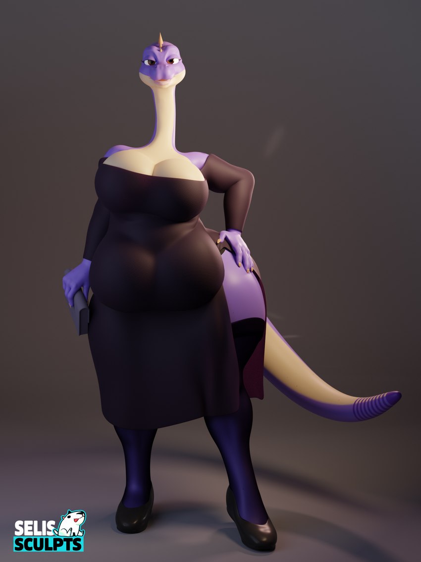 anthro belly big_belly big_breasts breasts claws clothed clothing clutch_(bag) dress female footwear legwear looking_at_viewer overweight overweight_female purse shoes solo stockings selissculpts dinosaurs_inc. hide_lanoro dinosaur diplodocid diplodocus prehistoric_species reptile sauropod sauropodomorph scalie 2024 3d_(artwork) digital_media_(artwork) hi_res mother_(lore) parent_(lore)