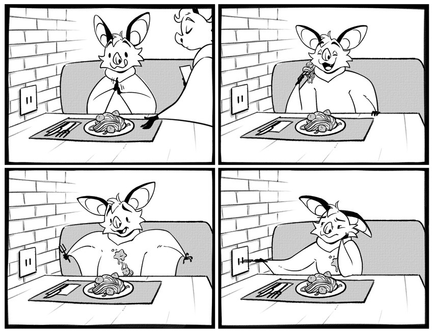 anthro border comic_panel cutlery food fork humor joke kitchen_utensils male pasta restaurant solo spaghetti stain tools white_border kristalkarma danglebat dan_(danglebat) bat mammal absurd_res comic greyscale hi_res monochrome