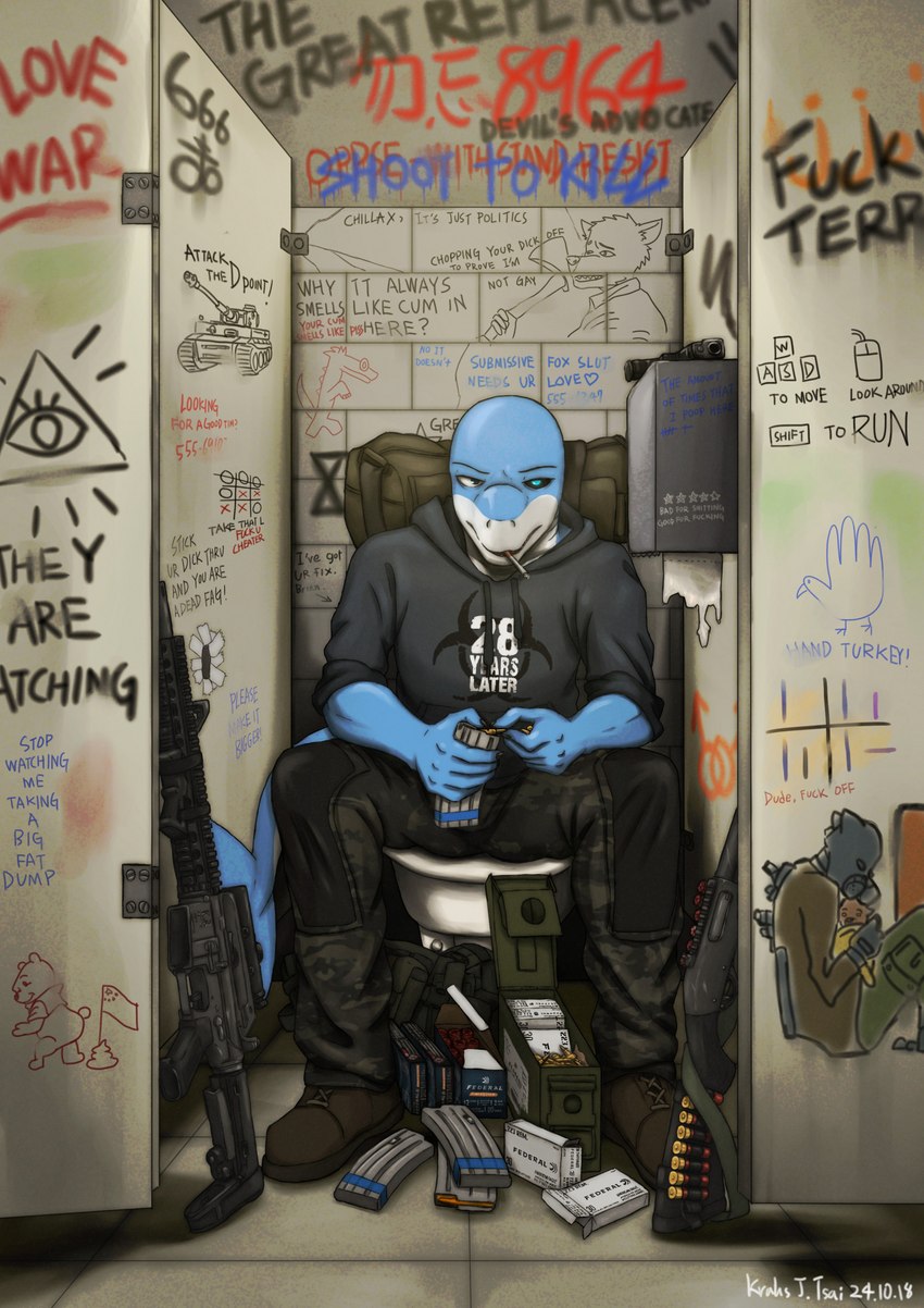 anthro bathroom black_sclera clothing front_view graffiti gun heterochromia hoodie looking_at_viewer male multicolored_body public_restroom ranged_weapon restroom_stall sitting smoking solo text toilet topwear two_tone_body weapon krahs_tsai loss toothless_dancing krahs_(krahs_tsai) fish marine shark colored digital_drawing_(artwork) digital_media_(artwork) english_text hi_res meme