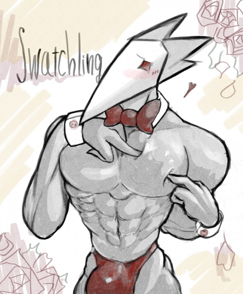 anthro blush bulge clothed clothing male muscular muscular_male pecs solo topless topless_male touching_chest terato deltarune undertale_(series) avian bird swatchling hi_res