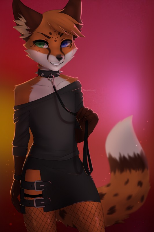 anthro black_nose blue_eyes claws clothed clothing collar ear_fur femboy fur green_eyes hair heterochromia leash leashed_collar leashed_male male orange_body orange_fur orange_hair smile solo spikes nayel-ie canid canine fox mammal 2019 digital_media_(artwork) hi_res