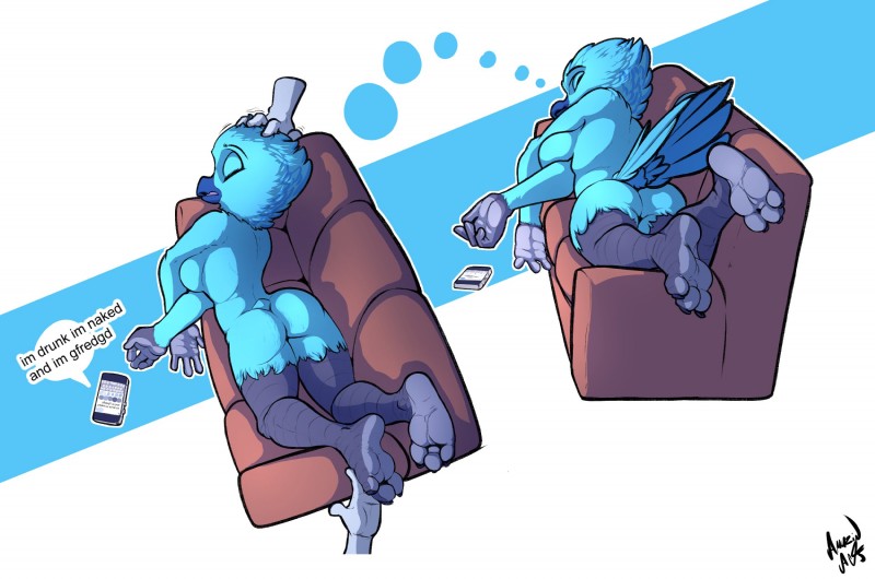 3_toes 4_fingers anthro avian_feet beak blue_body blue_feathers butt disembodied_hand duo electronics eyes_closed feathers feet female fingers foot_focus furniture hindpaw nude paws phone simple_background sleeping sofa soles solo_focus speech_bubble text toes amazin-arts twitter tweetfur avian bird english_text hi_res meme