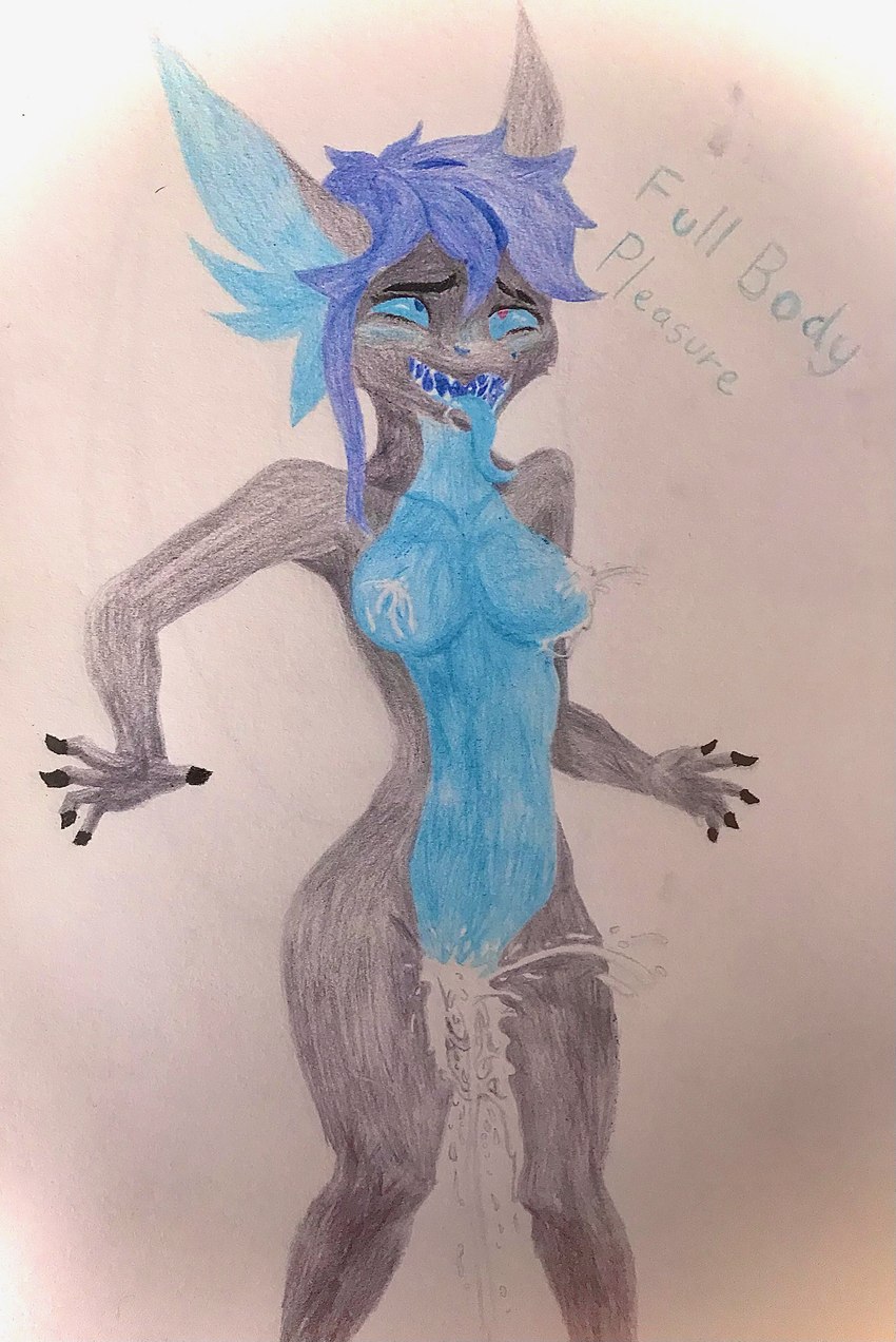 anthro autolactation black_claws blue_blush blue_body blue_ears blue_hair blush bodily_fluids breasts claws ejaculation excessive_genital_fluids excessive_pussy_juice female genital_fluids grey_body hair hands-free lactating looking_pleasured orgasm saliva solo spontaneous_ejaculation spontaneous_lactation text vaginal_fluids knowere123 ryley_acadabus pillow_dragon absurd_res english_text hi_res