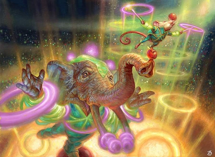 acrobat acrobatics ambiguous_gender anthro balancing balancing_on_ball ball clothing costume crowd duo fur green_clothing group magic on_one_leg proboscis_(anatomy) size_difference standing trunk_(anatomy) whiskers white_body white_fur chris_seaman hasbro magic:_the_gathering wizards_of_the_coast tusk_(magic:_the_gathering) whiskers_(magic:_the_gathering) elephant elephantid mammal mouse murid murine proboscidean rodent official_art