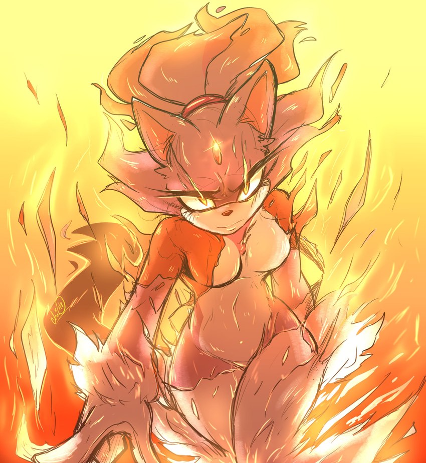 anthro bottomwear breasts burnt_clothing clothing coat featureless_breasts female fire glaring glaring_at_viewer gloves glowing glowing_eyes hair handwear pants purple_hair solo topwear wardrobe_malfunction yellow_eyes chilispice sega sonic_the_hedgehog_(series) blaze_the_cat burning_blaze domestic_cat felid feline felis mammal 2023 absurd_res hi_res