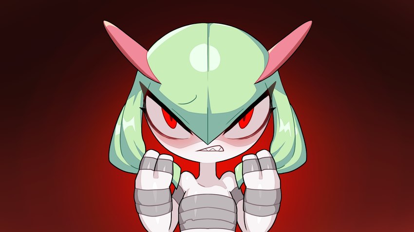 angry arm_wraps chest_wraps finger_wraps gradient_background green_hair hair multicolored_body not_furry pupils red_background red_eyes simple_background solo teeth white_body white_skin wraps wrist_wraps drunk_oak nintendo pokemon generation_3_pokemon humanoid kirlia pokemon_(species) 16:9 2022 hi_res widescreen