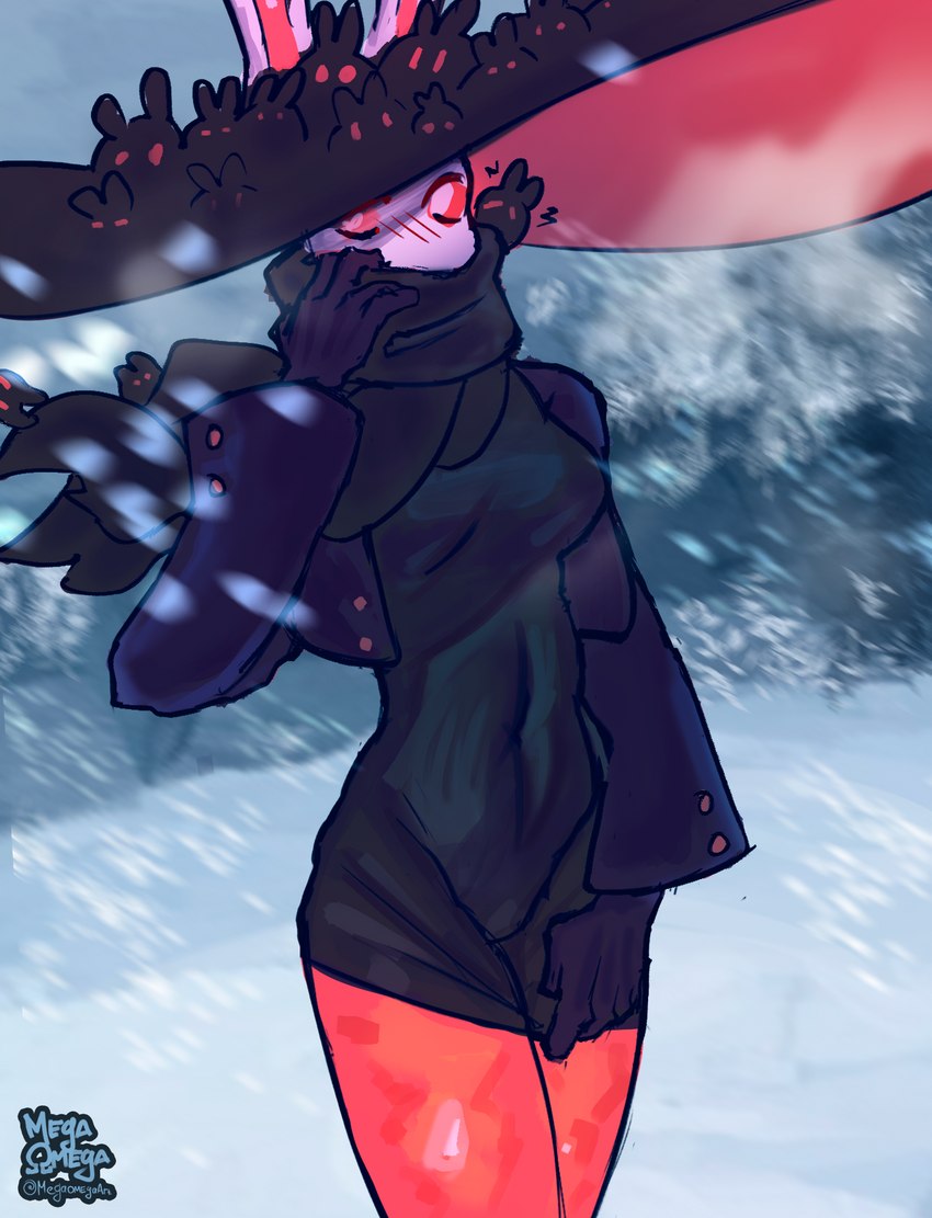 anthro breasts clothed clothing dress female glowing hat headgear headwear scarf shadow snow solo megaomega bun_witch_(fire_bay) lagomorph leporid mammal rabbit hi_res