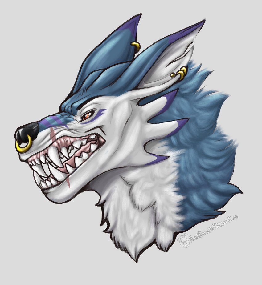 anthro facial_piercing male nose_piercing nose_ring piercing ring_piercing showing_teeth simple_background solo white_background huniiheart_(artist) bandai_namco digimon mythology fengo canid canine digimon_(species) mammal mythological_canine mythological_creature werecanid werecanine werecreature weregarurumon werewolf headshot_portrait hi_res portrait signature