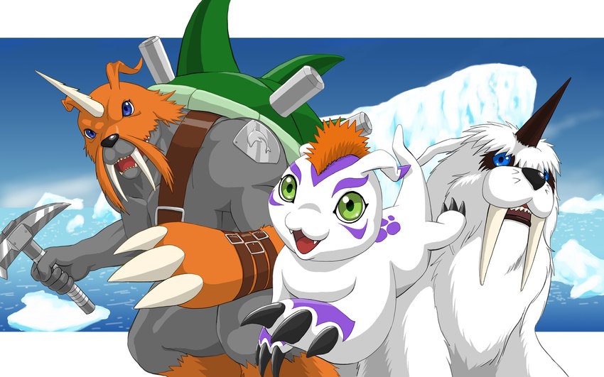 ambiguous_gender arctic blue_eyes claws day detailed_background fangs feral fur green_eyes grey_body group hair holding_object horn iceberg looking_at_another mohawk multicolored_body open_mouth orange_body orange_fur pickaxe red_hair sabertooth_(anatomy) sea sky teeth two_tone_body water white_bars white_body white_fur sachiryu bandai_namco digimon digimon_(species) gomamon ikkakumon zudomon 16:10 2008 digital_media_(artwork) hi_res wallpaper widescreen