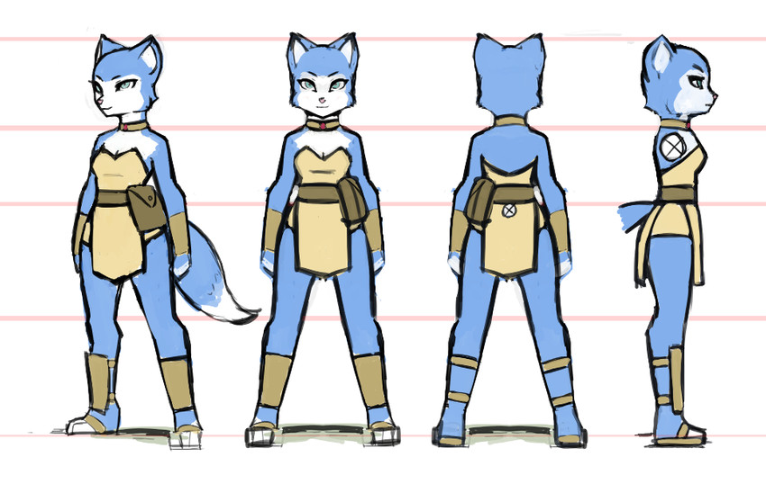 anthro blue_body blue_fur clothed clothing female fur simple_background solo standing white_background white_body white_fur luigiix dinosaur_planet nintendo rareware krystal_(dinosaur_planet) felid feline mammal concept_art model_sheet