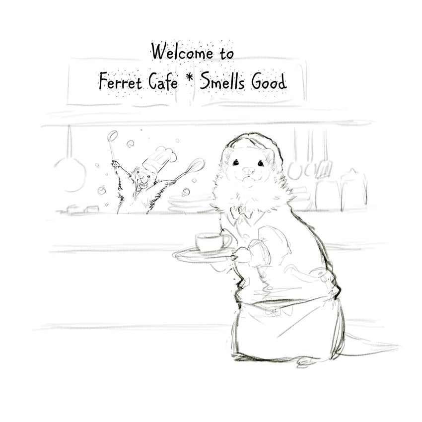 ambiguous_gender anthro apron cafe chef chef_hat clothed clothed_feral clothing container cup detailed_background duo feral fluffy food_tray hat headgear headwear kitchen kitchen_utensils ladle looking_at_viewer tea_cup text tools waiter whiskers ichigodawashi ferret_chef_(ichigodawashi) domestic_ferret mammal mustelid musteline true_musteline weasel 1:1 english_text hi_res sketch