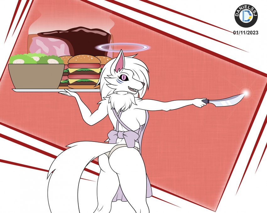 anthro apron big_breasts black_sclera breasts burger butt clothing female food hair halo knife markings meat neck_tuft open_mouth panties pink_eyes salad serving_tray solo tray tuft underwear white_hair danielssj toriko_(series) battle_wolf canid canine canis mammal wolf 2023 digital_media_(artwork) hi_res