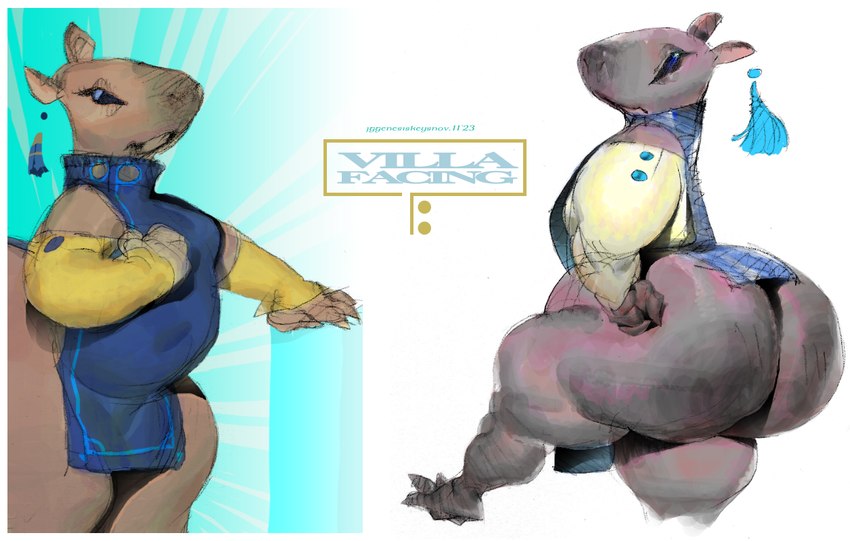 anthro big_butt black_eyes blue_clothing blue_text brown_body brown_butt brown_ears brown_fur butt clothing female female_anthro fur huge_butt hyper hyper_butt text thick_thighs wide_hipped_anthro wide_hipped_female wide_hips jg_genesiskeys villa_(jg_genesiskeys) capybara caviid mammal rodent 2023 english_text