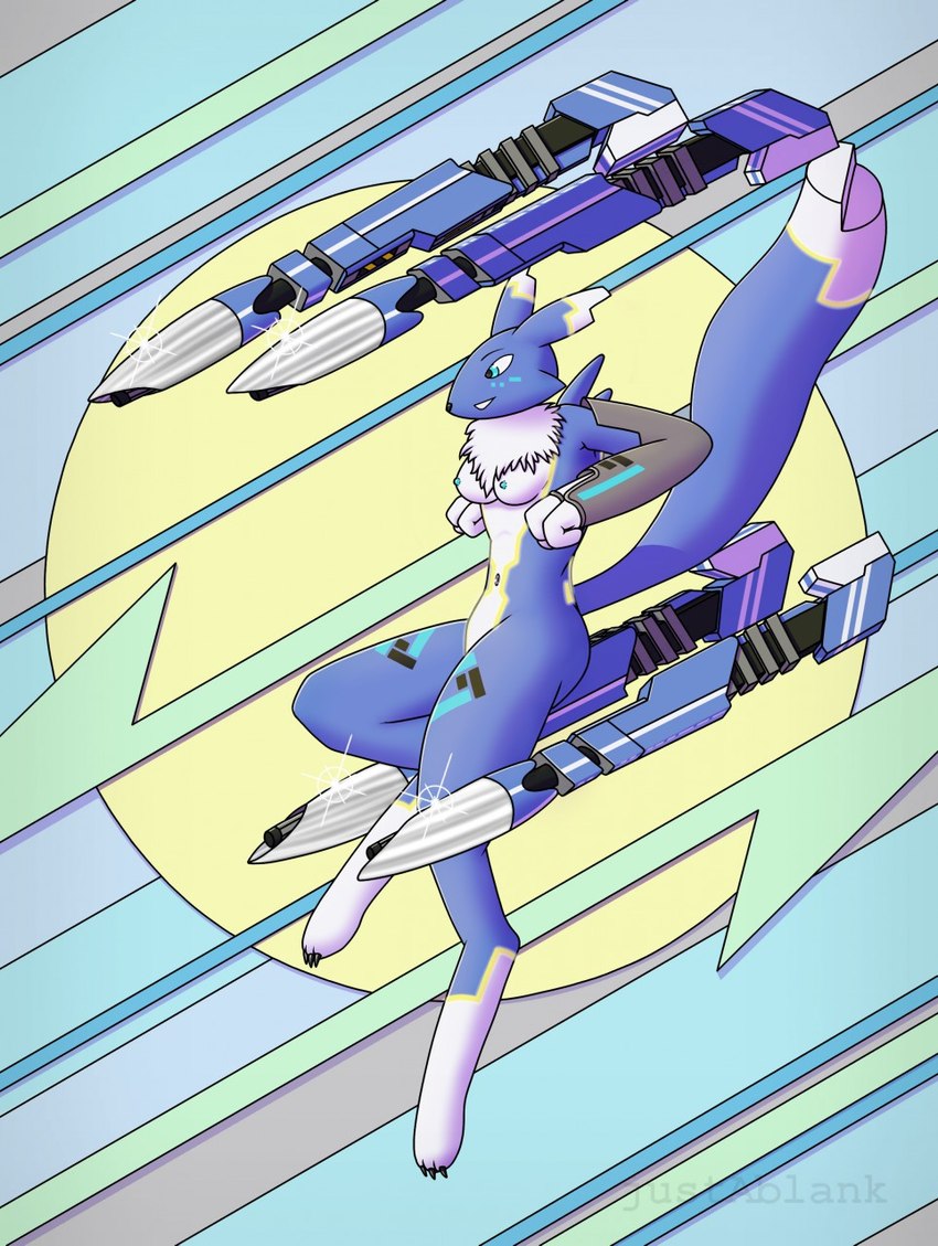 abstract_background black_nose blue_body blue_eyes blue_fur blue_nipples breasts dipstick_tail energy_weapon female floating fur fur_markings gun jumping laser_cannons markings mostly_nude navel neck_tuft nipples ranged_weapon side_view solo tail tail_markings tuft weapon justablank bandai_namco digimon fan_character kinetta_(justablank) canid digimon_(species) digital_creature mammal renamon 2019 colored digital_media_(artwork) hi_res