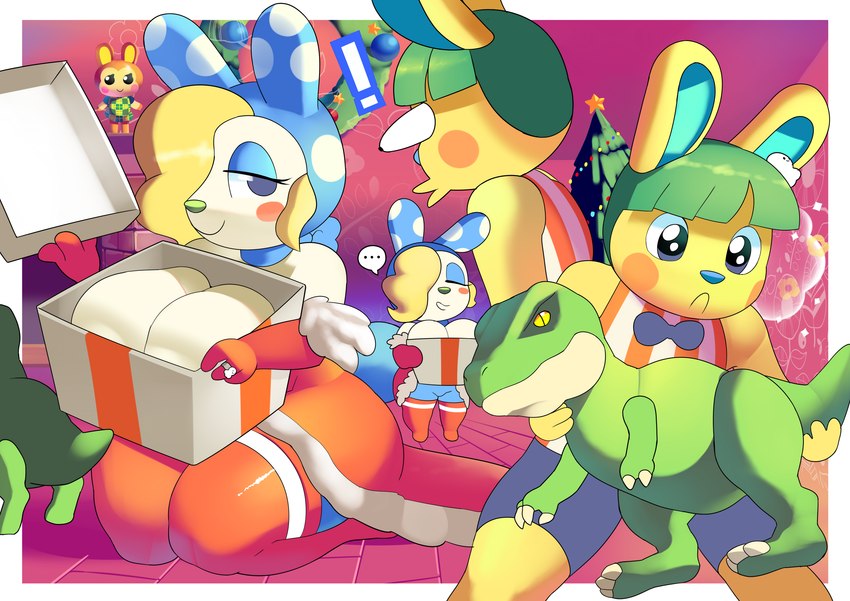 anthro blonde_hair breasts cleavage clothed clothing ellipsis exclamation_point eyelashes eyes_closed eyes_popping_out female fingers gift green_hair green_nose group hair holidays kneeling legwear male presenting presenting_breasts ring smile tits_in_a_box toy wreath aerth animal_crossing christmas nintendo sanrio bunnie_(animal_crossing) francine_(animal_crossing) toby_(animal_crossing) lagomorph leporid mammal rabbit 2022 absurd_res digital_media_(artwork) hi_res