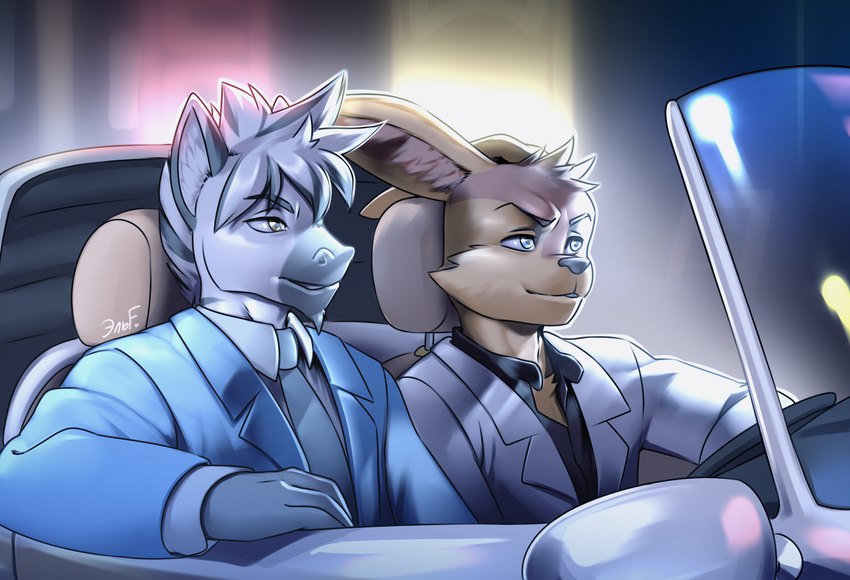 anthro black_eyebrows black_nose black_tie_(suit) blue_clothing blue_suit blurred_background brown_body brown_fur brown_hair car chair clothing countershade_face countershade_neck countershading driving duo eyebrows fluffy_ears fur furniture grey_body grey_fur grey_hair hair humanoid_hands leaning lights long_hair looking_away male necktie pointy_ears prick_ears reflection riding short_hair sitting sitting_in_car smile snout steering_wheel suit vehicle white_body white_car white_clothing white_fur white_hair white_suit windshield yellow_eyes krazyelf noah_the_zebra ryland_the_hare equid equine lagomorph leporid mammal rabbit zebra 2023 hi_res