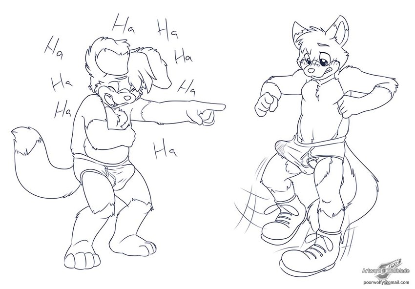 anthro blush bulge clothed clothing duo erection eyes_closed footwear laugh male open_mouth open_smile shoes smile standing tail text underwear underwear_only young wolfblade roni_collins canid canine canis collie domestic_dog herding_dog mammal pastoral_dog sheepdog url