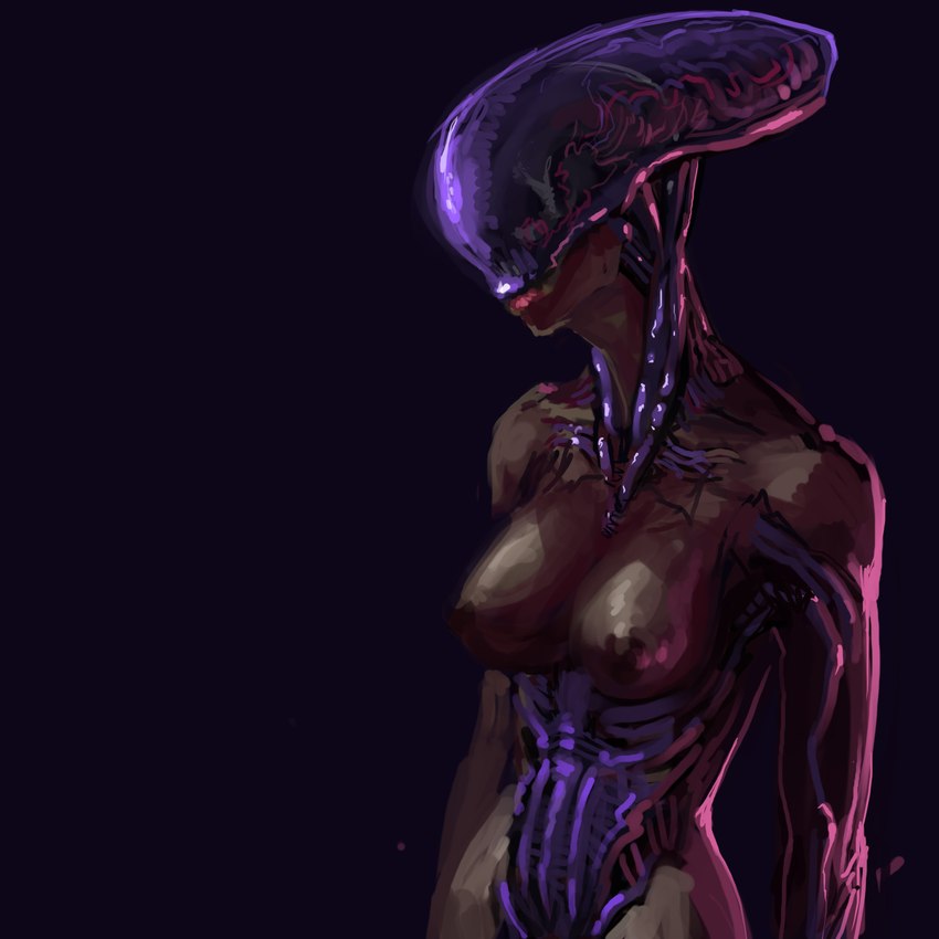 areola breasts eyeless female lips nipples noseless nude purple_body purple_skin simple_background solo meandraco alien humanoid 1:1 hi_res