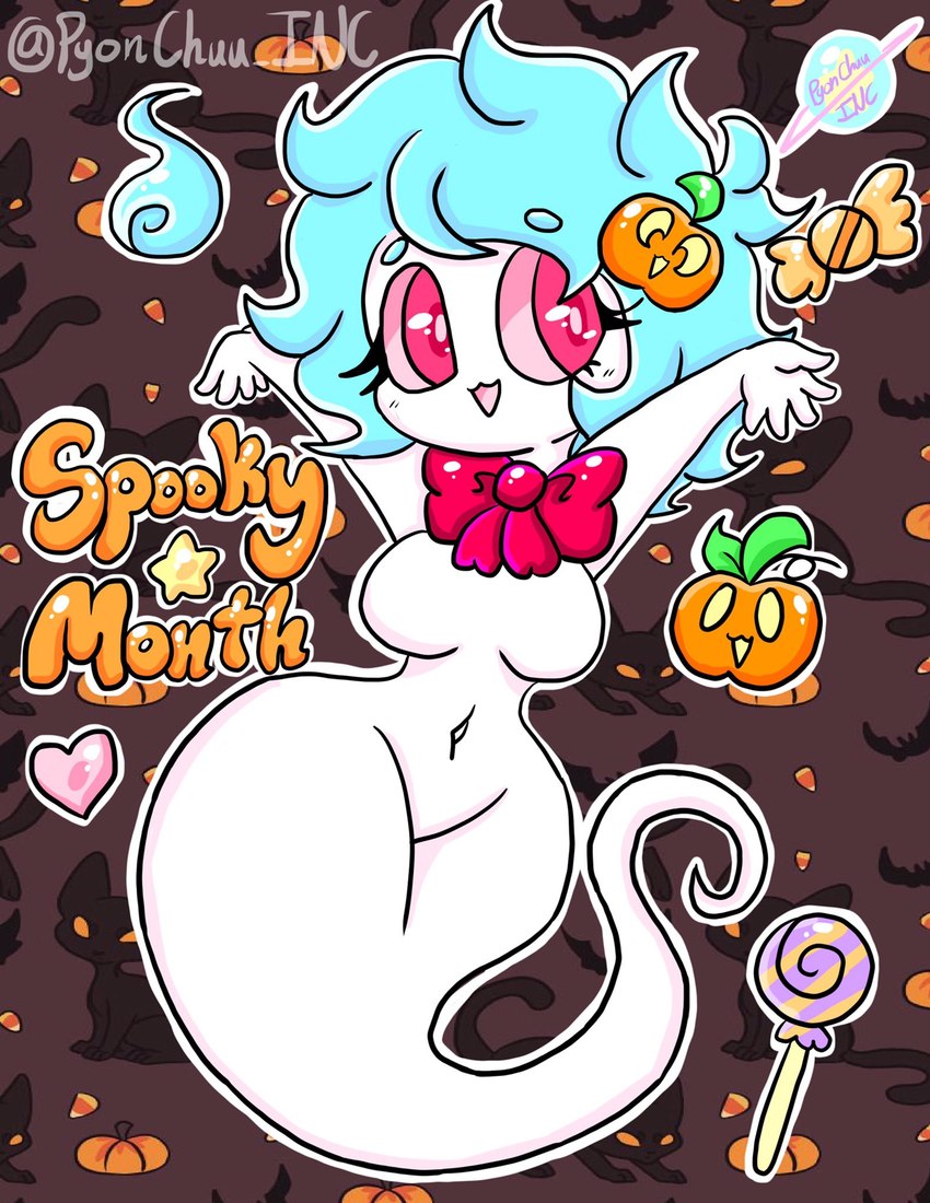 anthro blue_hair bow_tie breasts candy dessert female food hair holidays navel pink_eyes solo teeth white_body lewdchuu_(artist) halloween spooky_month ghost spirit hi_res