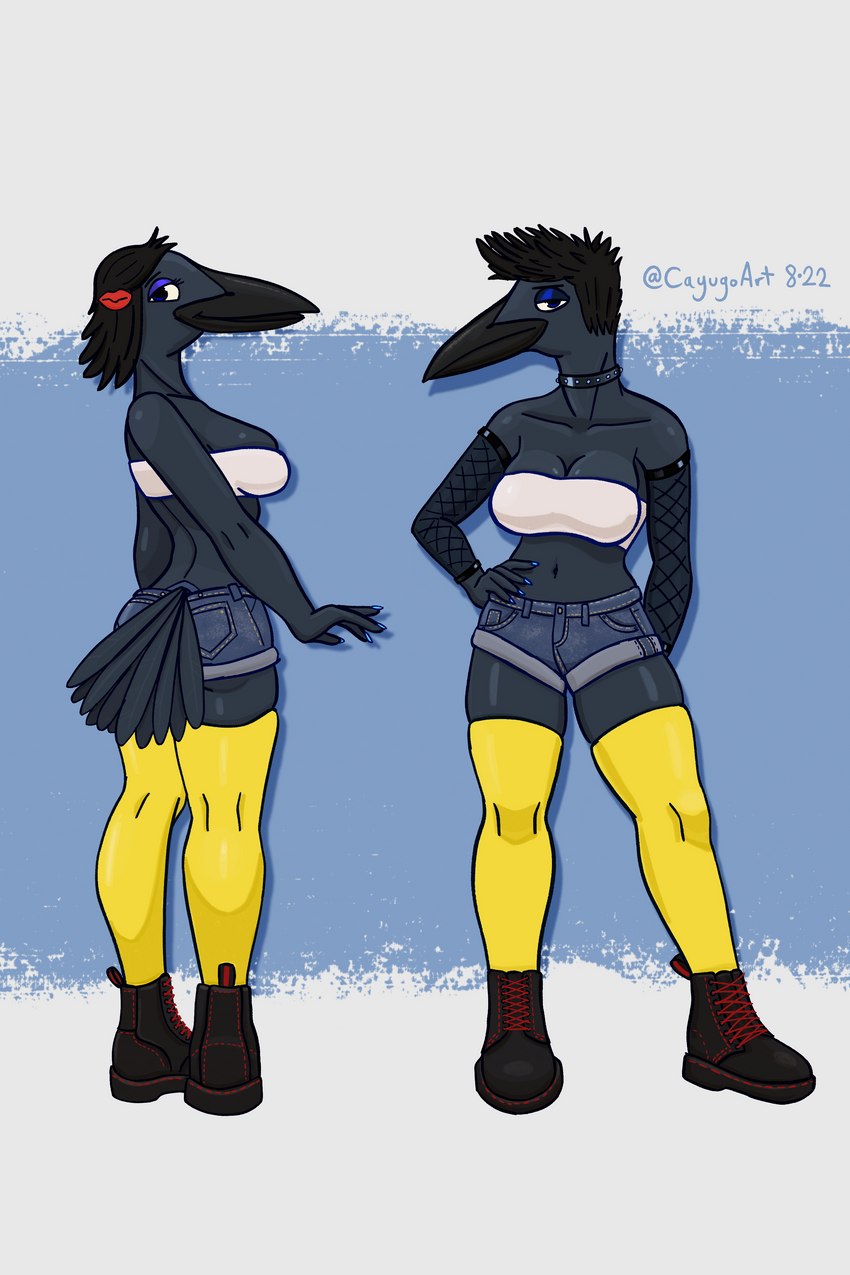 accessory anthro armwear bandeau beak belly big_breasts black_beak black_body black_feathers black_hair blue_eyes blue_fingernails blue_nails boots bottomwear bra breasts butt clothed clothing colored_fingernails colored_nails denim denim_bottomwear denim_clothing denim_shorts eyelashes eyeshadow feathers female fingernails fingers fishnet_armwear fishnet_clothing footwear furgonomics hair hair_accessory hairpin hotpants jewelry legwear makeup nails navel necklace non-mammal_breasts purple_eyeshadow shoes shorts simple_background smile solo stockings strapless_bra strapless_clothing strapless_underwear tail tail_feathers text topwear underwear yellow_clothing yellow_legwear yellow_stockings cayugo connie_(cayugo) avian bird corvid corvus_(genus) crow oscine passerine 2022 2:3 absurd_res artist_name digital_drawing_(artwork) digital_media_(artwork) full-length_portrait hi_res portrait shaded signature