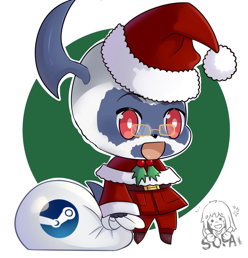 anthro bag blue_body blue_skin clothing costume curved_horn eyewear facial_hair glasses hair horn male open_mouth red_eyes santa_costume simple_background solo white_hair sopa-chan nintendo padoru pokemon steam_(software) valve mash_(character) absol generation_3_pokemon pokemon_(species) absurd_res digital_media_(artwork) hi_res watermark