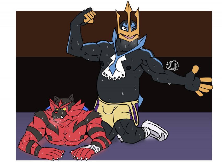 bodily_fluids bottomwear bulge clothing dominant duo fight flexing footwear male muscular shoes shorts slightly_chubby sport sweat wrestling hunter-husky nintendo pokemon james_(hunter-husky) napoleon_triomphe avian bird empoleon felid feline generation_4_pokemon generation_7_pokemon incineroar mammal penguin pokemon_(species)