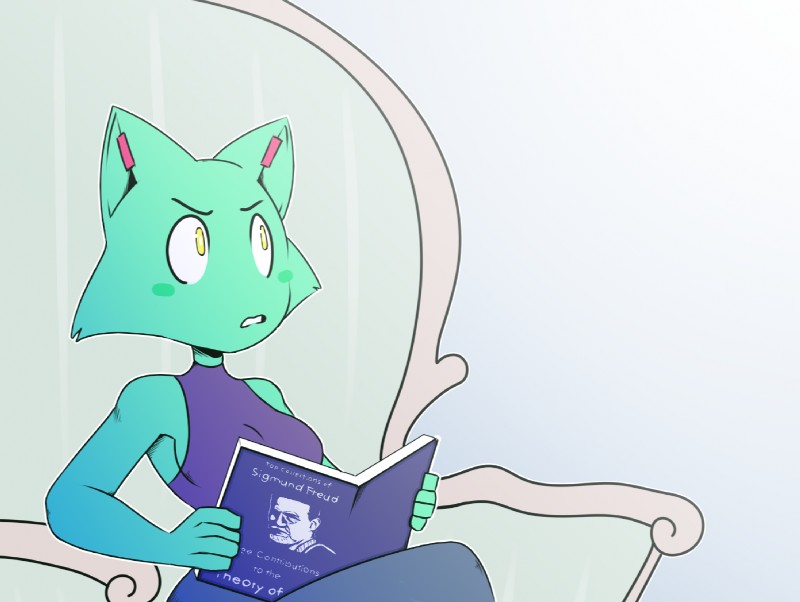 annoyed anthro book clothing female furniture on_sofa reading reading_book shirt sitting sofa solo tank_top topwear nekuzx metro-goldwyn-mayer tom_and_jerry tom_reading_the_newspaper linda_(nekuzx) sigmund_freud domestic_cat felid feline felis mammal meme reaction_image