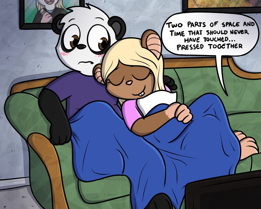 anthro bedding blanket blush clothed clothing cuddling female fur furniture hair male sofa text young young_anthro pokefound da_silva brook_(pink) jun_(pokefound) bear giant_panda mammal mouse murid murine rodent 5:4 english_text hi_res