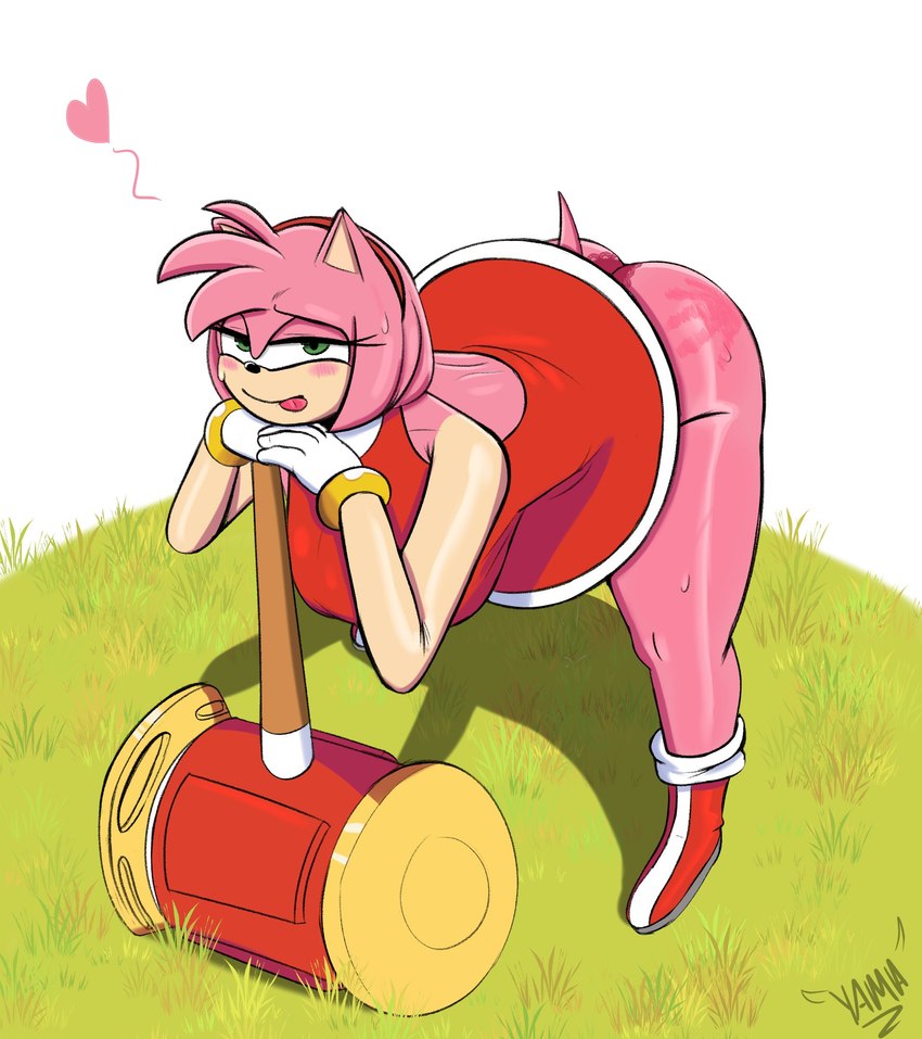 anthro bent_over big_butt blush bodily_fluids butt clothing female hammer heart_symbol looking_at_viewer panties solo spank_marks sweat sweatdrop sweaty_legs tongue tongue_out tools underwear yamathegod sega sonic_the_hedgehog_(series) amy_rose eulipotyphlan hedgehog mammal hi_res