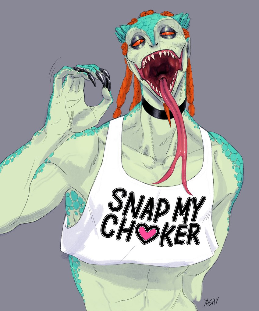 anthro braided_hair fellatio_gesture forked_tongue gesture hair male open_mouth orange_eyes orange_hair sharp_teeth solo suggestive suggestive_gesture suggestive_topwear teeth tongue yashy identity_v until_it_snaps scalie hi_res meme