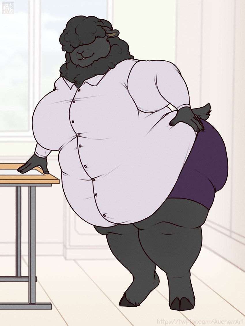 anthro belly big_belly big_breasts big_butt black_body black_fur black_hair bottomwear breasts butt clothing covered_eyes curled_hair dress_shirt female fur hair hooves huge_belly huge_breasts huge_thighs leaning_on_object neck_tuft obese obese_anthro obese_female office overweight overweight_anthro overweight_female purple_bottomwear purple_clothing purple_skirt shirt skirt solo thick_thighs topwear tuft white_clothing white_shirt white_topwear wide_hips aucherr bovid caprine mammal sheep 2025 absurd_res hi_res