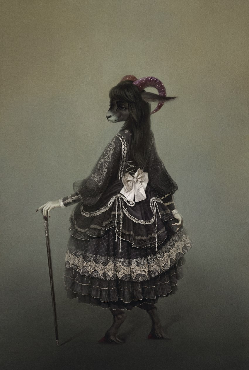 alternative_fashion anthro black_clothing black_dress cane classy clothing dress female goth gothic_lolita hair hooves horn j-fashion lolita_(fashion) long_hair solo standing victorian victorian_goth bra1neater bovid caprine goat mammal 2023 digital_media_(artwork) hi_res portrait